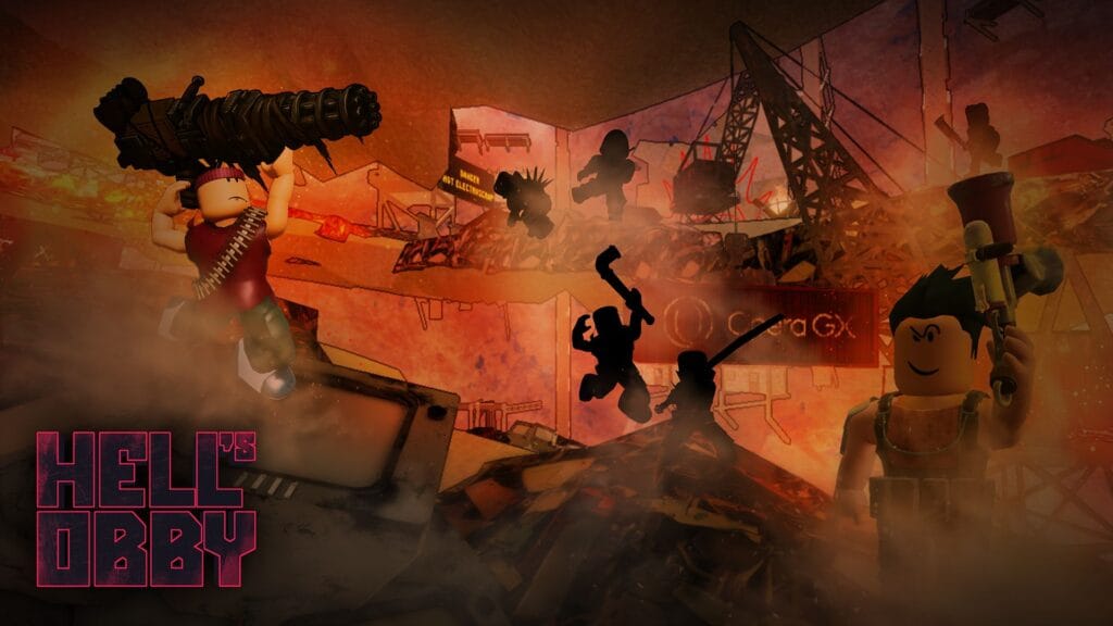 Jugadores combatiendo en Hell’s Obby de Opera GX en Roblox con diferentes armas y estrategias.