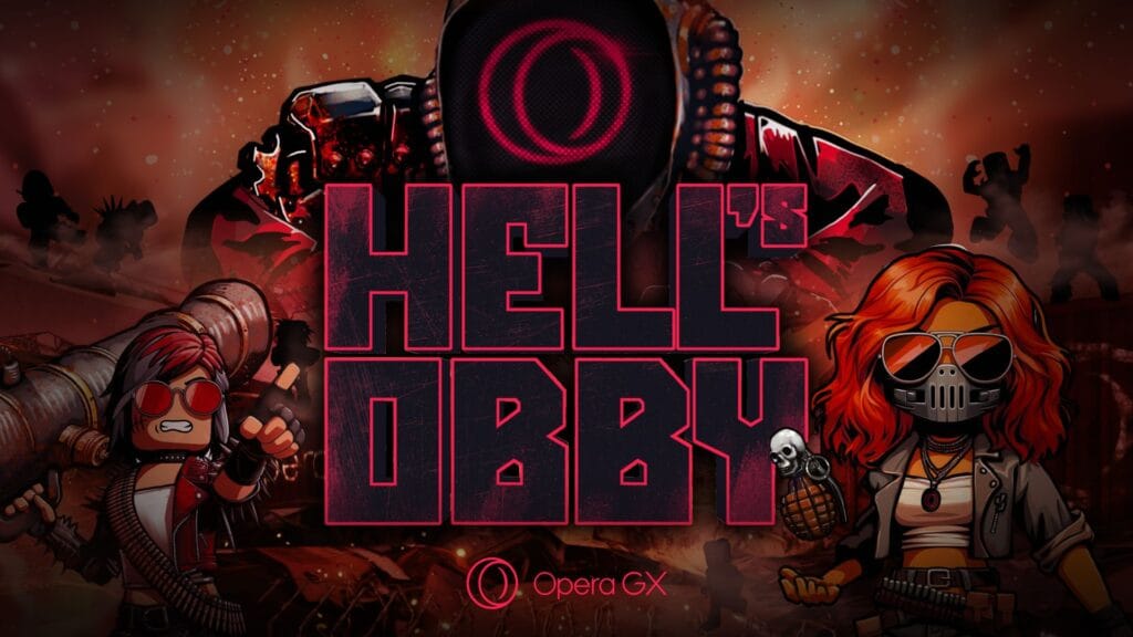 Logo de Hell’s Obby de Opera GX con personajes preparados para la batalla en un entorno caótico.