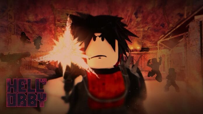 Jugador enfrentando enemigos en Hell’s Obby de Opera GX en Roblox con efectos de fuego y explosiones.