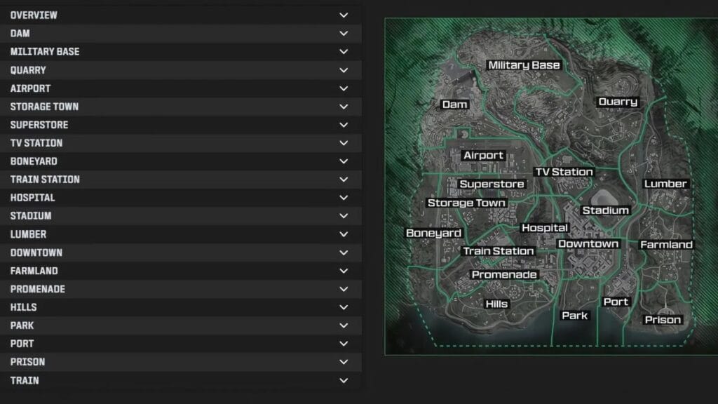 Vista general del mapa interactivo de Verdansk desde el Tac-Atlas de Warzone