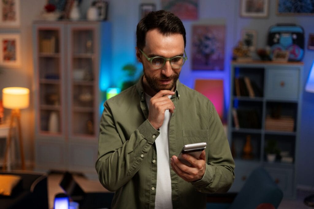 Docente colombiano con gafas reflexiona sobre uso de TikTok educativo mientras revisa smartphone, representando la capacitación digital de #AprendeEnTikTok para profesores en Colombia
