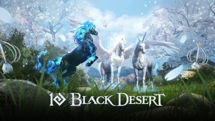 Krogdalo y caballos míticos Diné y Arduanatt en Black Desert, mostrando habilidades de vuelo y transformación mágica