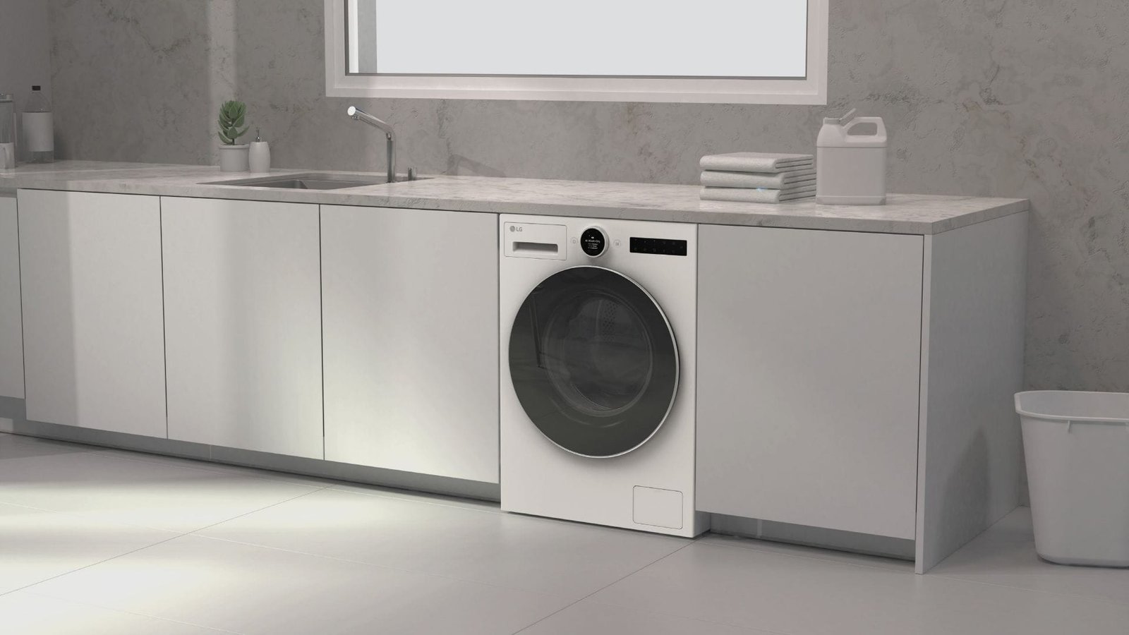LG WashCombo lavadora-secadora con inteligencia artificial integrada en cocina moderna blanca, mostrando diseño compacto y eficiencia energética Clase A