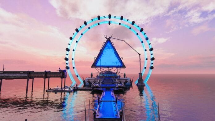 Neyyah portal místico triangular azul al atardecer - escena atmospheric adventure game MicroProse septiembre 2025