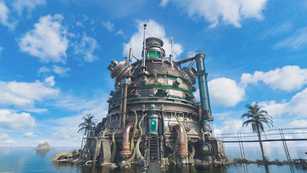Neyyah estructura steampunk submarina con elementos tecnológicos verdes - screenshot oficial juego point and click 2025