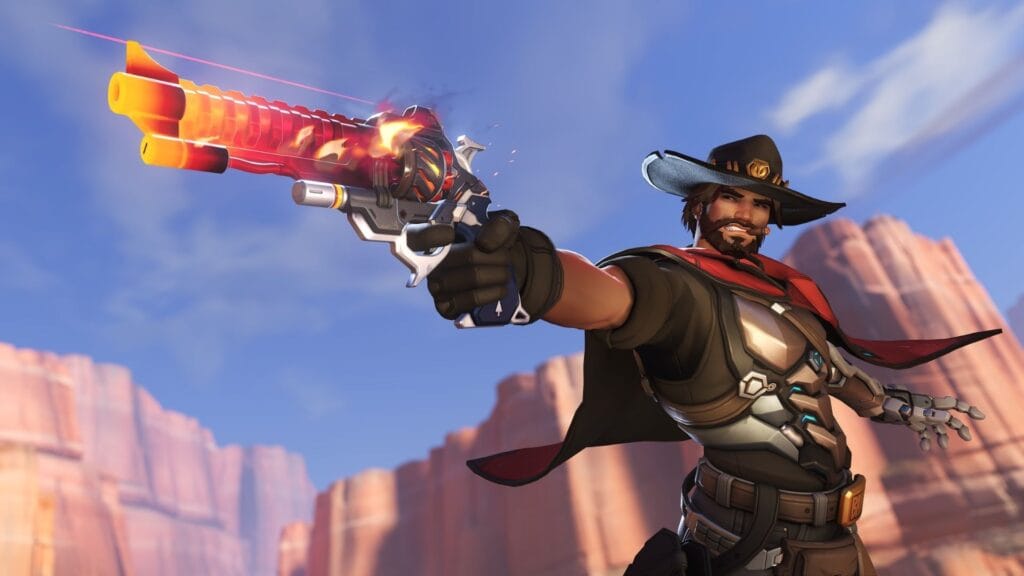Overwatch 2 Temporada 18: Estadio llega con Partida Rápida y renovación completa - Todo lo que necesitas saber 3 Cassidy apuntando con su Pacificador en Overwatch 2 Temporada 18, mostrando nuevos aspectos disponibles en Colombia