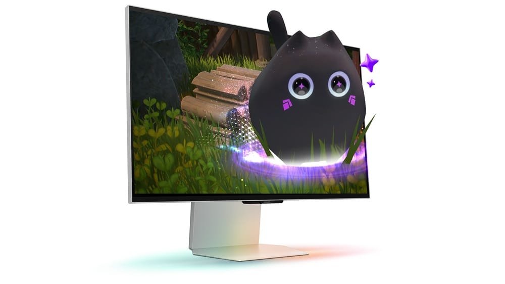 Samsung Odyssey 3D monitor G90XF con tecnología gaming 3D sin gafas, mostrando personajes que emergen de la pantalla