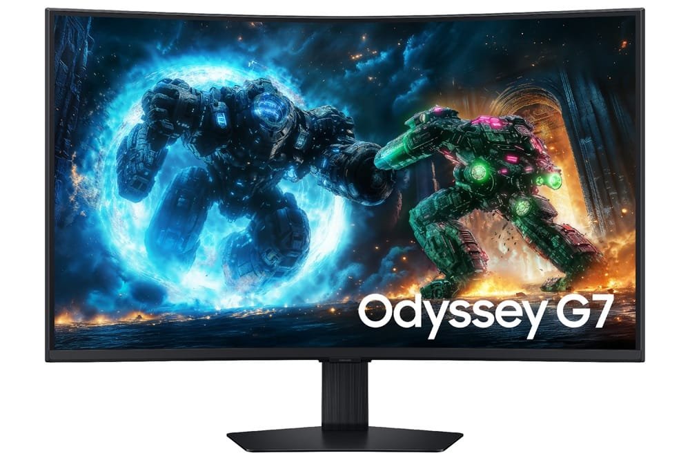 Samsung Odyssey G7 monitor gaming de gran formato con escena épica, disponible en tamaños 37 y 40 pulgadas con resolución 4K y 5K2K