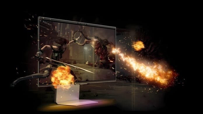 Monitor Samsung Odyssey con efectos visuales inmersivos saliendo de la pantalla, demostrando la experiencia gaming de nueva generación