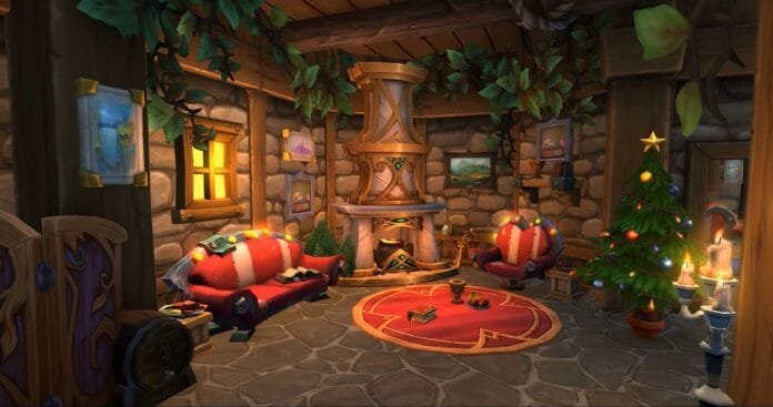Interior de vivienda personalizable en World of Warcraft Midnight - Sistema de Housing con decoración navideña, chimenea y muebles
