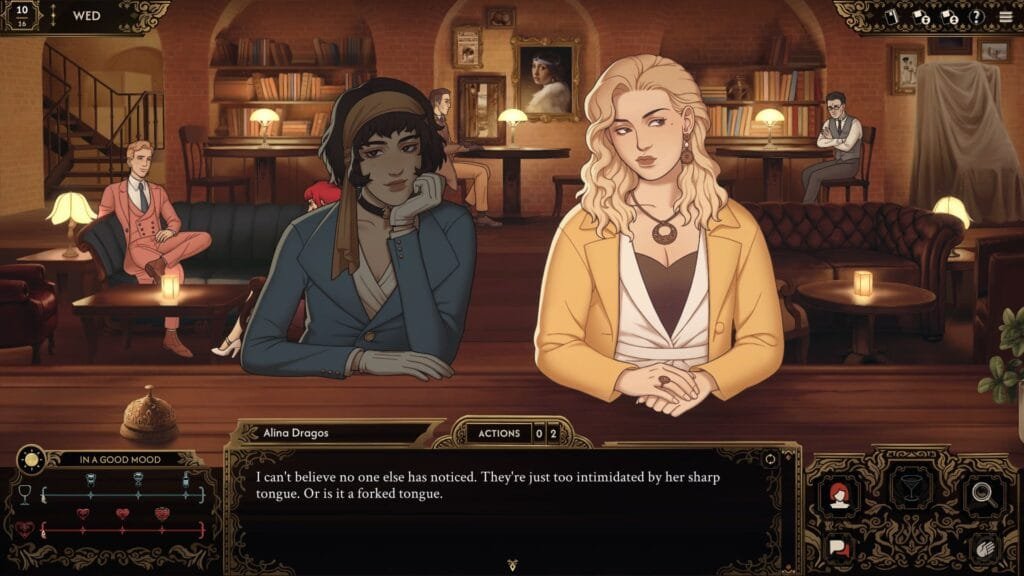 Best Served Cold gameplay mostrando conversación entre personajes Alina Dragos en el bar clandestino The Nightcap con ambiente art deco