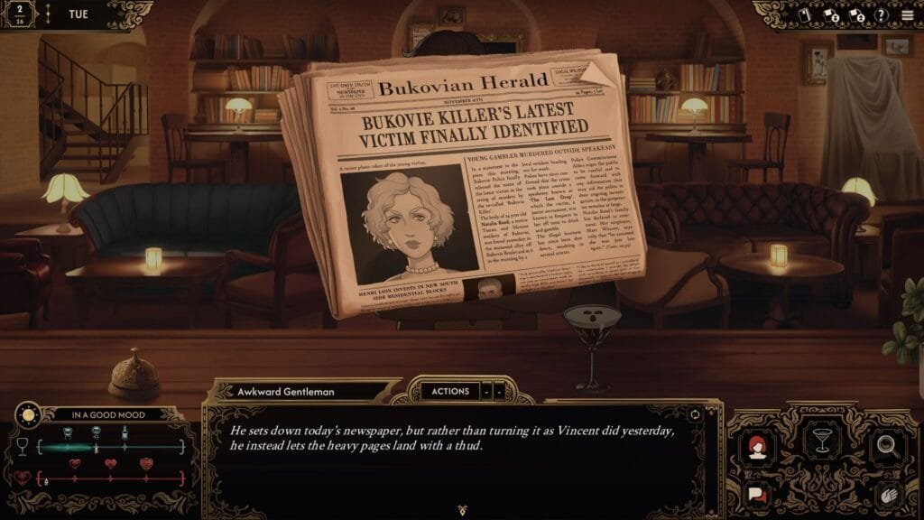 Best Served Cold screenshot del periódico Bukovian Herald reportando último asesinato identificado en la investigación del juego