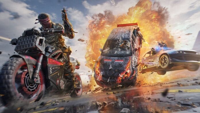 Call of Duty Mobile Temporada 8 Twilight Heist arte oficial mostrando operador en motocicleta persiguiendo vehículos blindados con explosiones en escena de atraco épico
