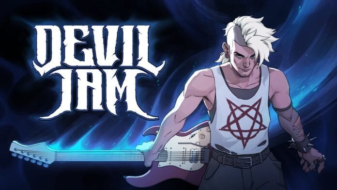 Devil Jam logo oficial con protagonista músico sosteniendo guitarra eléctrica, arte promocional del juego de Rogueside Games 2025
