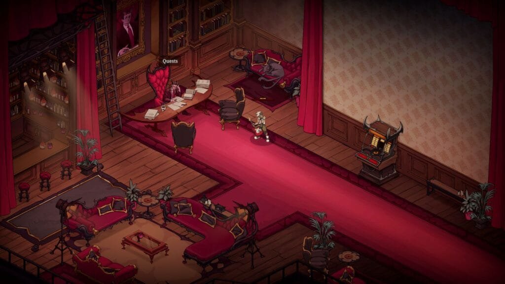 Devil Jam gameplay mostrando la oficina del Diablo con sistema de quests, arte isométrico dibujado a mano del juego de supervivencia rítmica