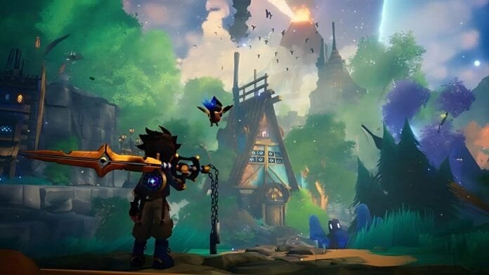 uskfade screenshot mostrando al protagonista Zirian en un mundo clockpunk con bosques etéreos y arquitectura fantástica, desarrollado por Weird Beluga Studio