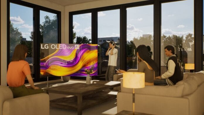 lg-oled-evo-ai-2025-colombia-familia-sala-moderna Familia usando televisor LG OLED evo AI 2025 con Affectionate Intelligence en sala moderna Colombia, mostrando personalización automática y colores vibrantes