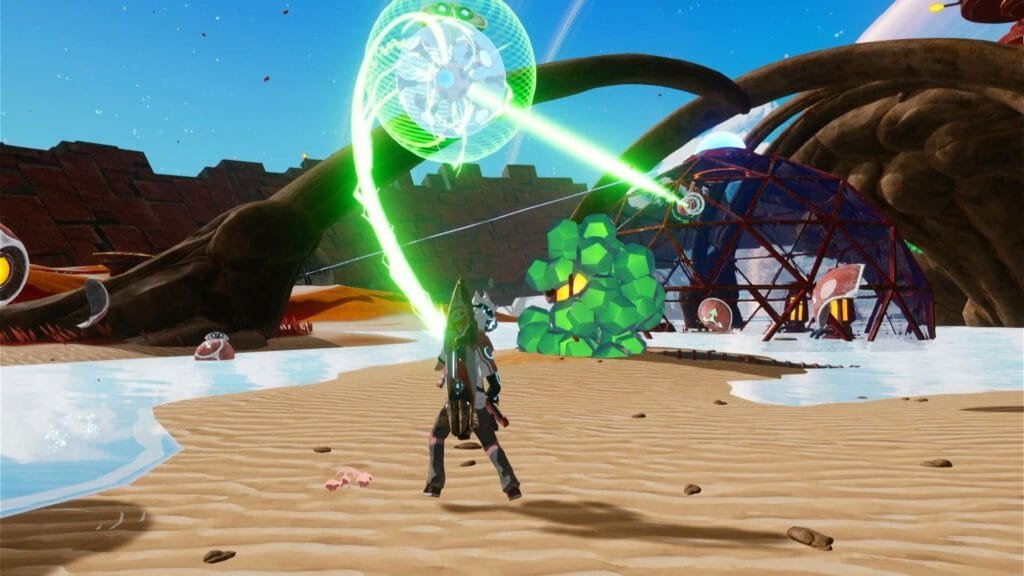 Star Overdrive gameplay mostrando poderes basados en física y rayos de energía verde en Nintendo Switch