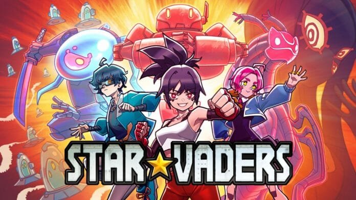 Arte promocional oficial de StarVaders mostrando todos los pilotos, mechas y logo del deckbuilder táctico roguelike