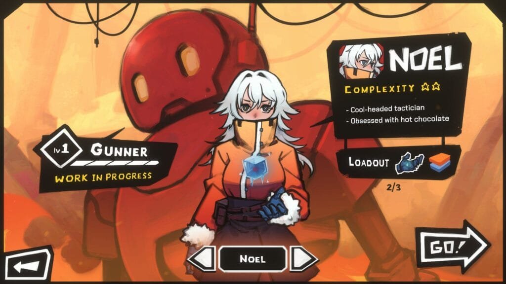 Piloto Noel de StarVaders con Gunner Mecha, personaje de complejidad 2 estrellas especializado en táctica y chocolate caliente