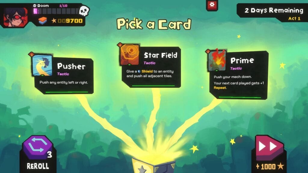 Pantalla selección de cartas tácticas en StarVaders mostrando opciones Pusher, Star Field y Prime con mecánicas específicas