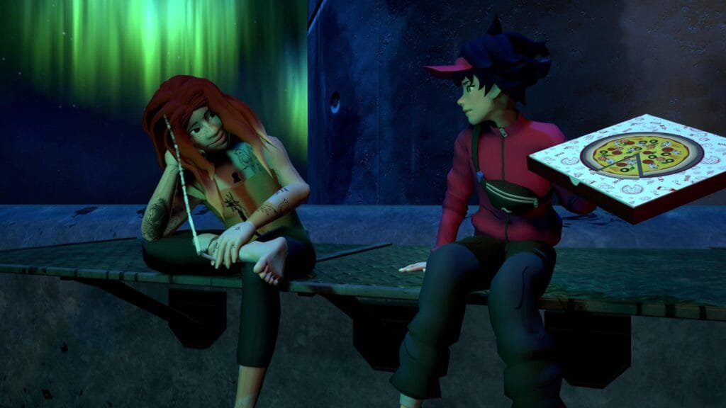 A Pizza Delivery personajes compartiendo pizza bajo aurora boreal demostrando mecánica central de conexión humana del juego narrativo