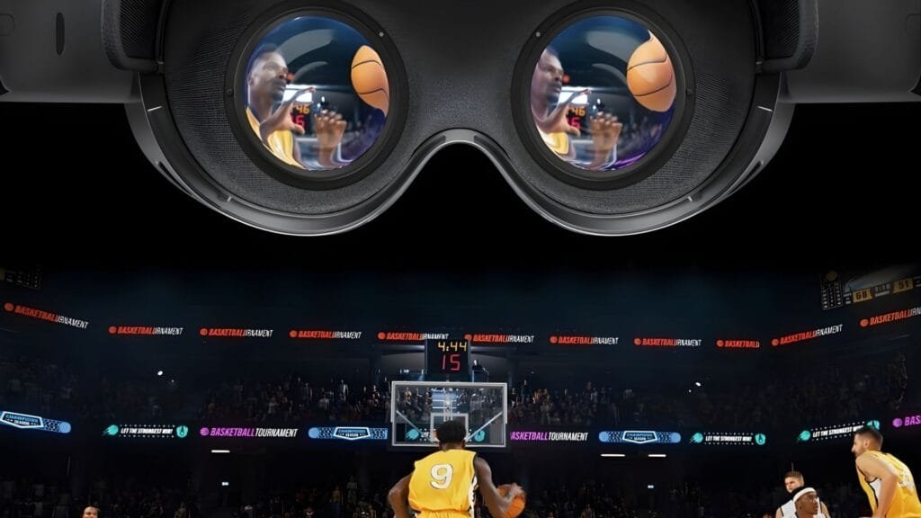 Vista inmersiva de partido NBA a través de lentes Samsung Galaxy XR mostrando experiencia deportiva