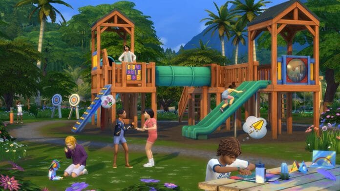 los-sims-4-a-la-aventura-parque-infantil-juegos-gibbi-point Los Sims 4 pack A la Aventura mostrando parque infantil modular con tobogán en Gibbi Point con Sims niños jugando
