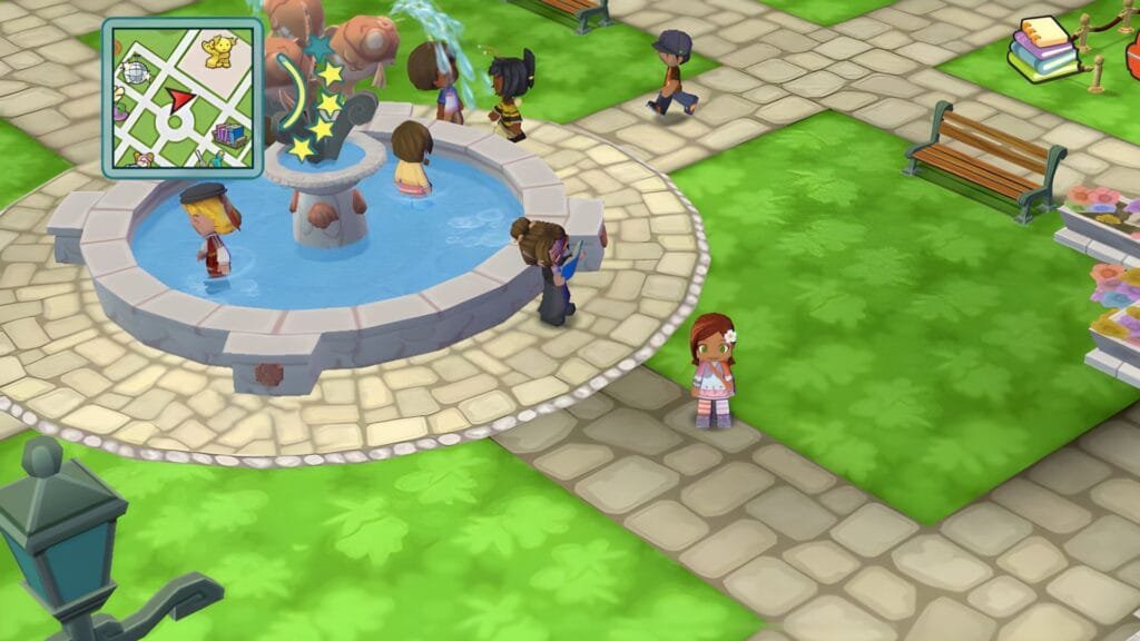 MySims zona social multijugador área pública fuente personajes interacción comunidad gameplay construcción