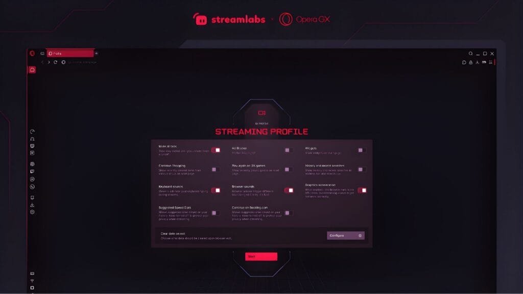 Interfaz del modo streaming de Opera GX mostrando opciones de privacidad para creadores de contenido