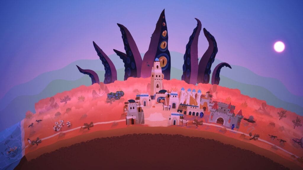 Reus 2 gameplay mostrando civilización en bioma desértico con tentáculos gigantes al fondo durante apocalipsis