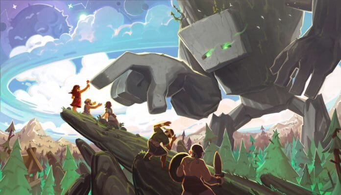 Reus 2 artwork oficial mostrando gigante de piedra con humanos para lanzamiento Xbox Series y Nintendo Switch