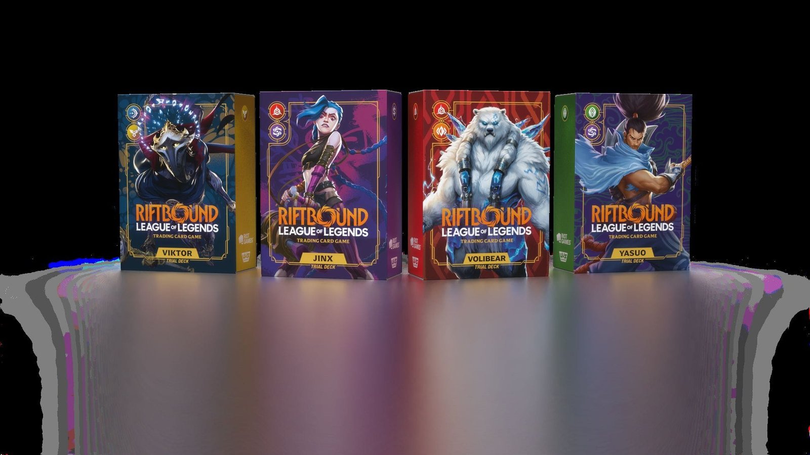 Cuatro Trial Decks de Riftbound Origins mostrando las cajas de Viktor, Jinx, Volibear y Yasuo del juego de cartas de League of Legends