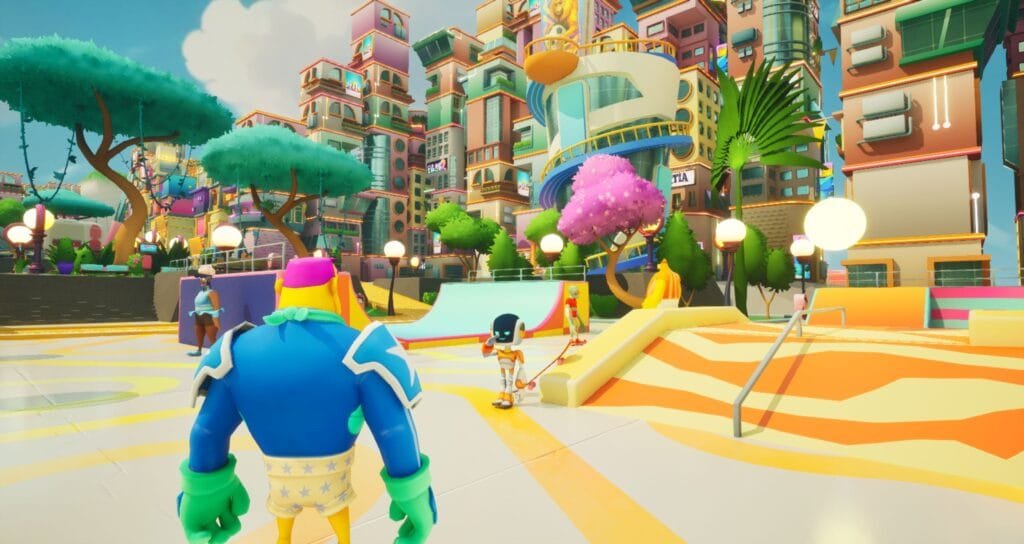 Ubisoft y Hermit Crab crean Sportia: ¿Vale la pena el nuevo arcade multideportivo? 1 Personaje de Sportia explorando ciudad colorida con arquitectura única y espacios deportivos en el mundo abierto del juego
