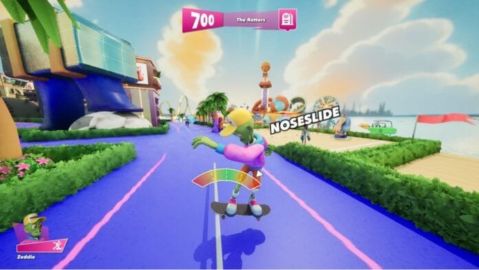 Sportia modo skateboarding con deportes extremos y parkour en pistas coloridas con trucos y sistema de puntuación