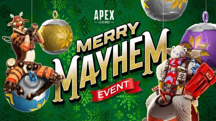 Evento Felices Estragos de Apex Legends con mapa Olympus nevado y decoración navideña 2025