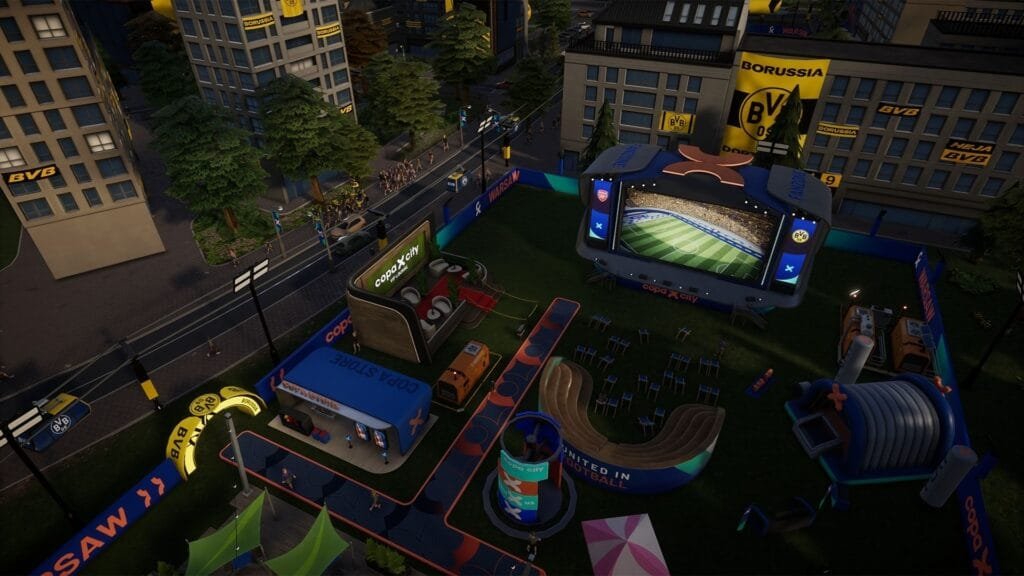 Mecánicas de gestión urbana en Copa City preparando ciudad para partido de fútbol