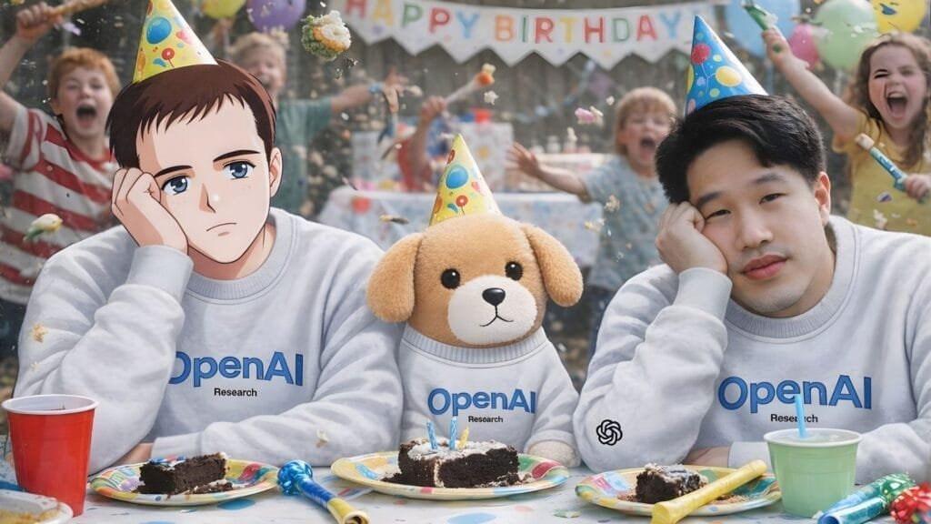 ChatGPT mejora su generador de imágenes DALL-E 3 1 Imagen de fiesta de cumpleaños generada por DALL-E 3 mejorado mostrando personajes mixtos