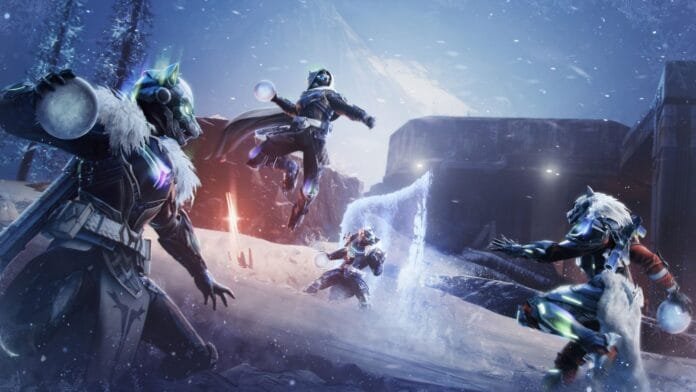 Guardianes de Destiny 2 combatiendo con bolas de nieve en el evento La Aurora 2025