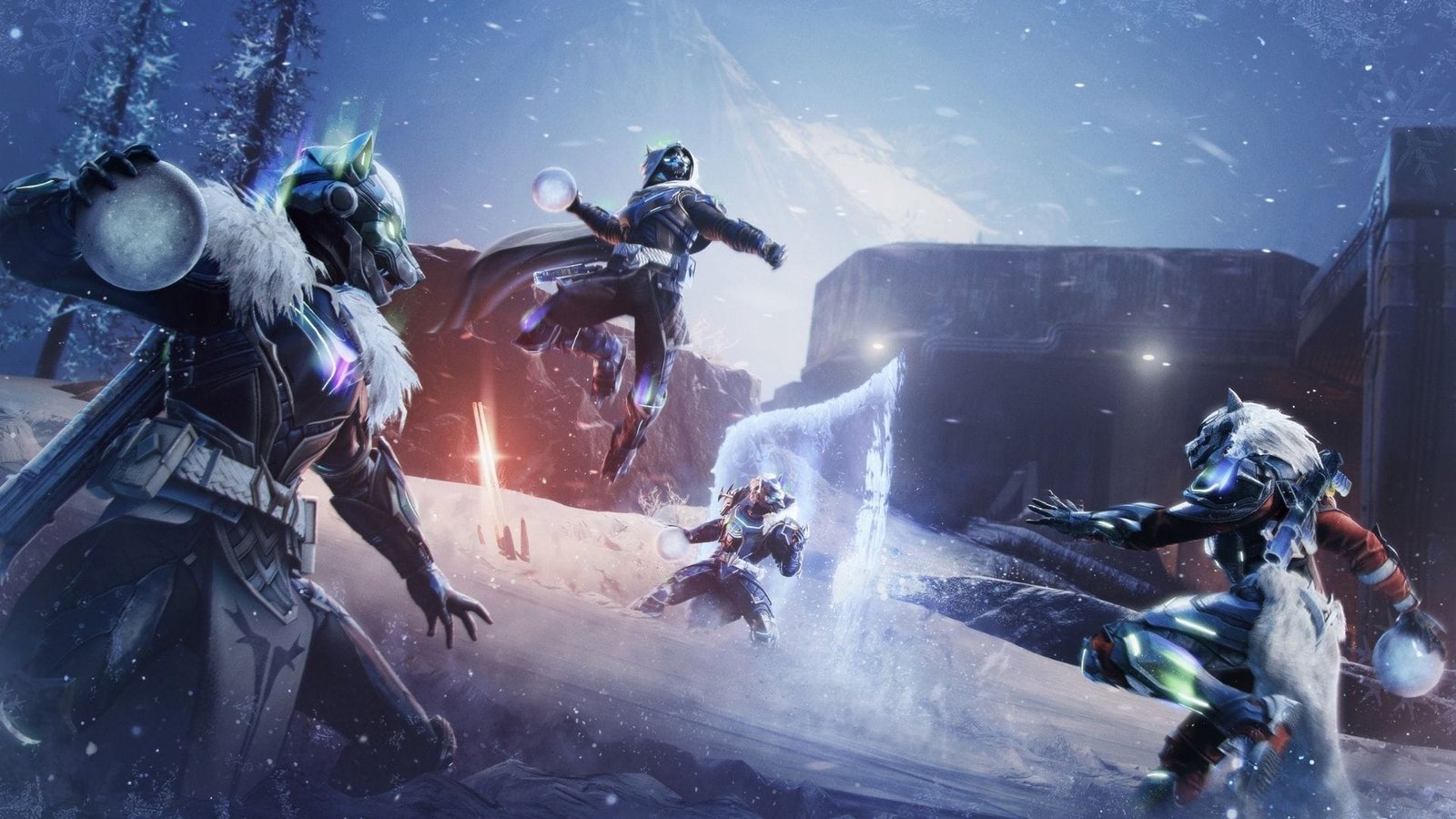 Guardianes de Destiny 2 combatiendo con bolas de nieve en el evento La Aurora 2025