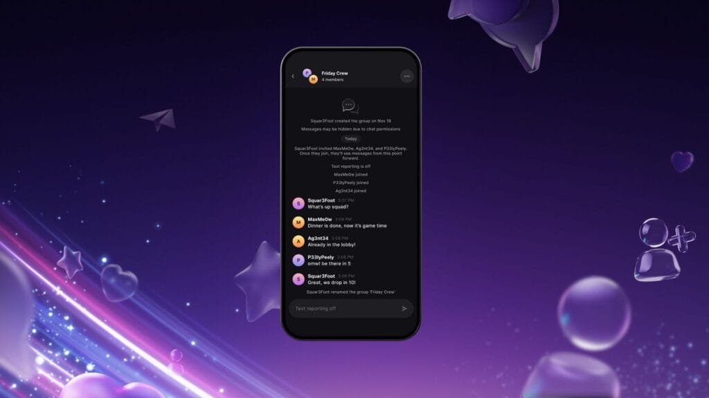 App móvil de Epic Games mostrando chat de texto sincronizado en iOS