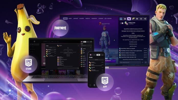 Chat de texto de Epic Games sincronizado entre Fortnite, Epic Games Store y apps móviles mostrando interfaz de usuario