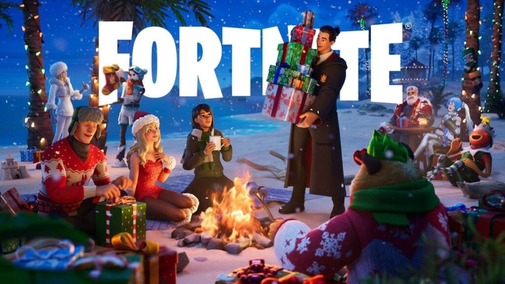 Cabaña de regalos del Festival de Invierno 2025 de Fortnite con decoración navideña