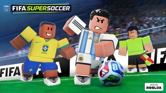 Avatares de Roblox con uniformes de Brasil y Argentina jugando FIFA Super Soccer en estadio oficial