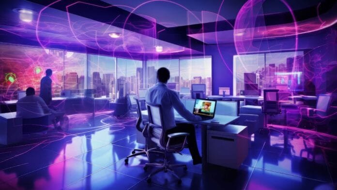 Profesional de TI trabajando con inteligencia artificial en pantallas de monitoreo de sistemas