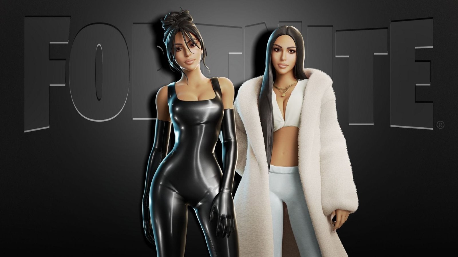 Kim Kardashian en dos atuendos personalizables de Fortnite mostrando colaboración Icon Series diciembre 2025