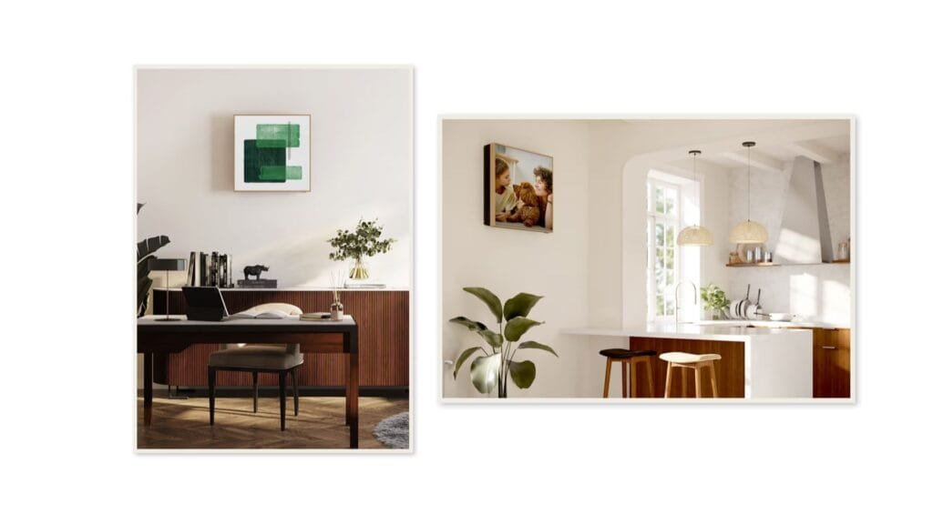 Panel frontal personalizable del LG ArtCool Gallery con marco de madera y fotografía de usuario