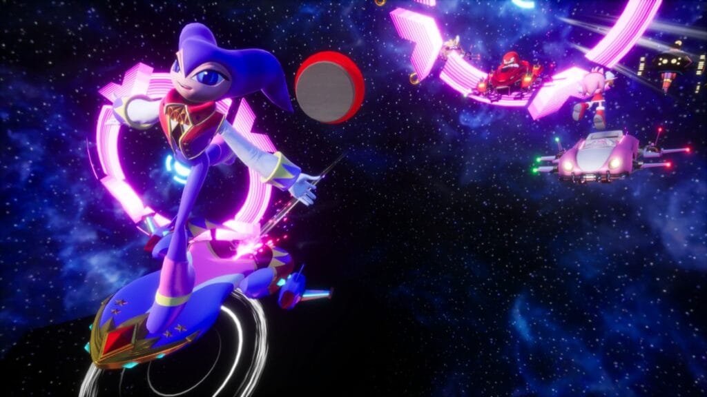 NiGHTS como personaje jugable en Sonic Racing CrossWorlds compitiendo contra Shadow