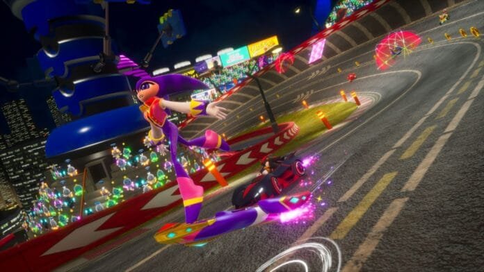 NiGHTS corriendo en Dream Sleeper en Sonic Racing CrossWorlds durante carrera nocturna