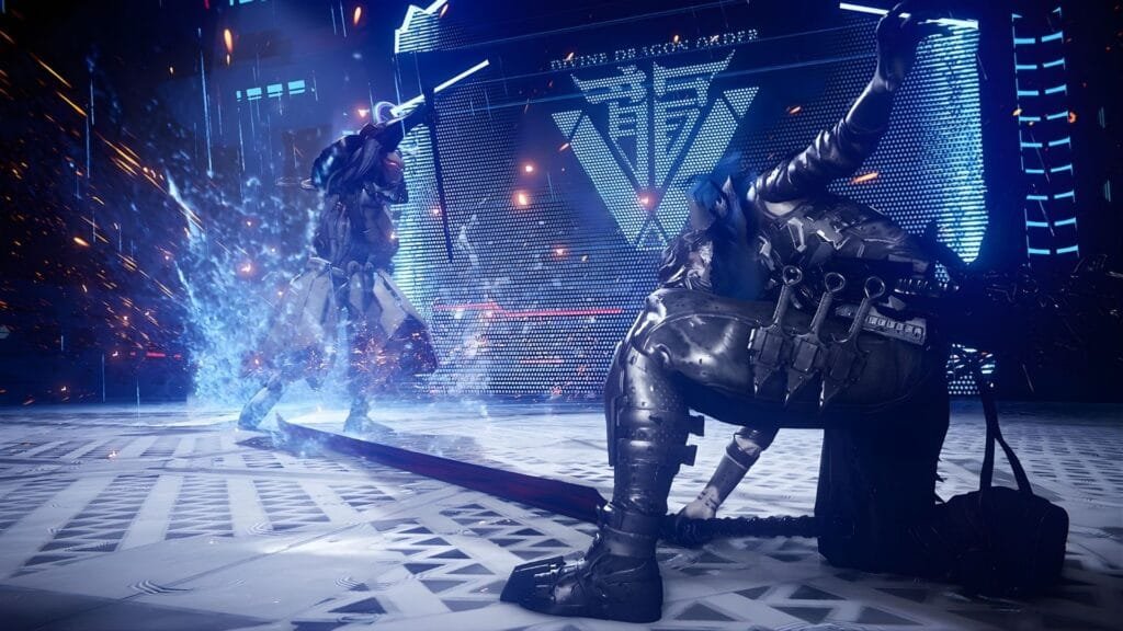 Ninja Gaiden 4 vale la pena: Análisis completo con pros y contras 5 Mecánica Bloodraven de Ninja Gaiden 4 en acción durante combate en arena con efectos visuales azules eléctricos